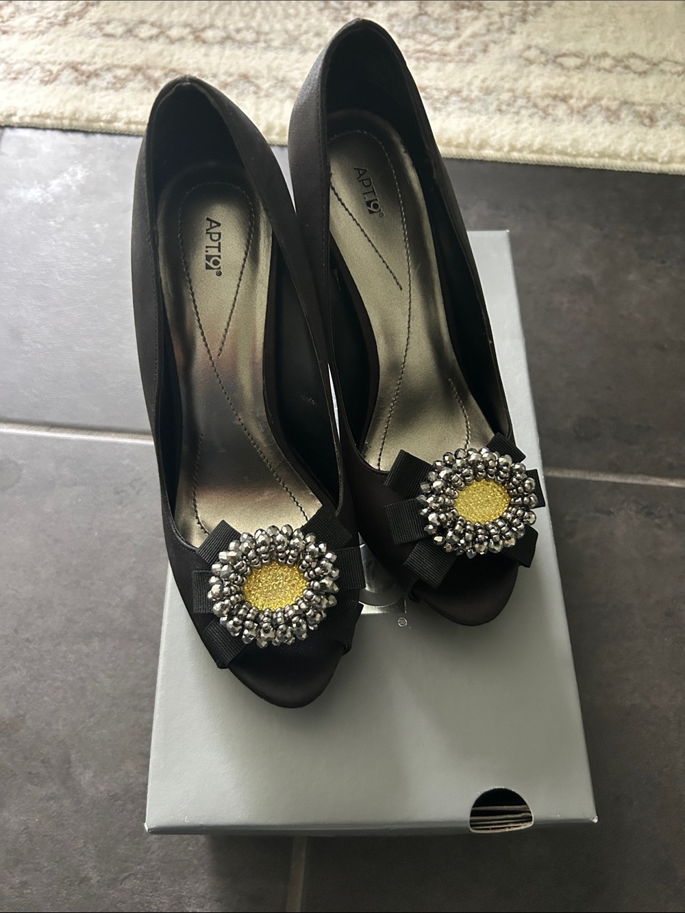 Apt. 9 Black Peep-Toe Heels with Yellow and Silver Brooch